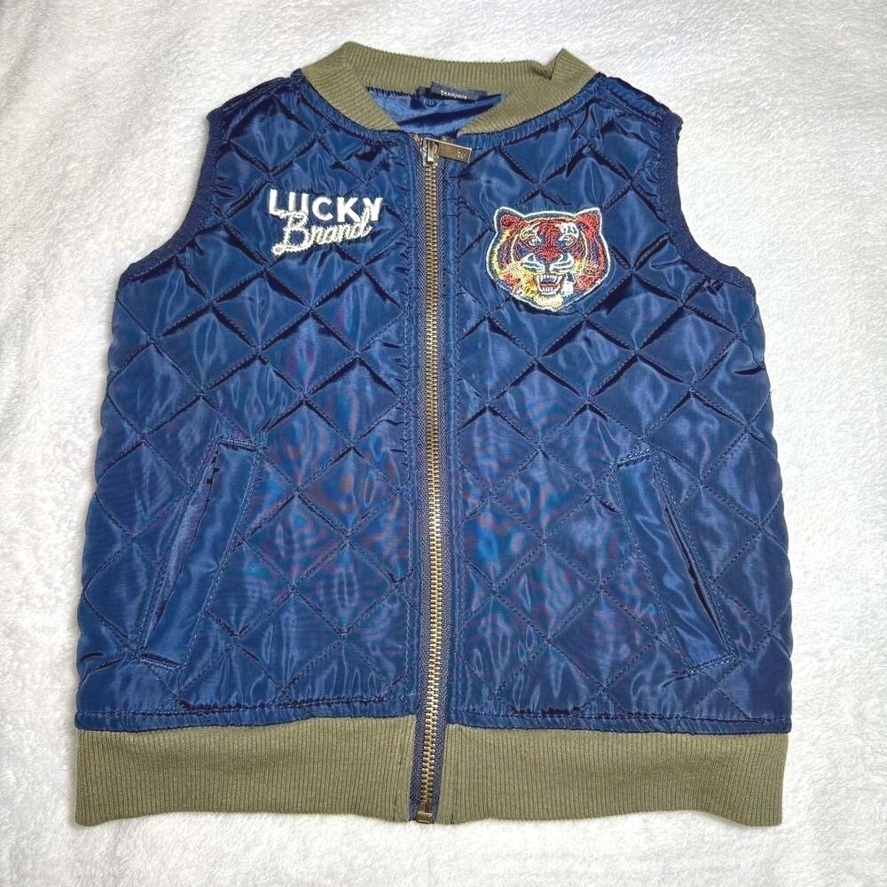 Lucky Brand Toddler‎ Boys 24M Blue Quilted Vest Tiger Embroidered Full Zip